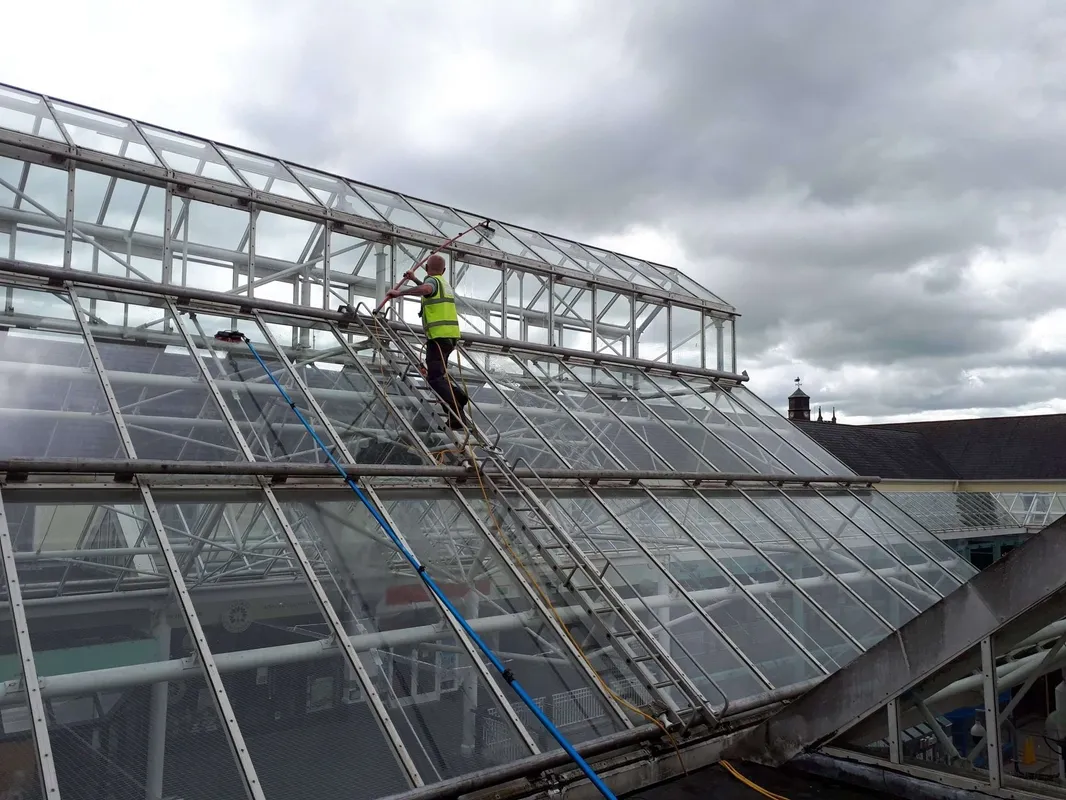 Cleaning a large glass atrium roof